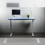 9am-pesk-smart-electric-height-adjustable-table-blue-top-white-frame-with-pc-frontview