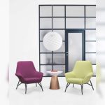 Two Helios H5180 armchairs, one in purple and one in lime green