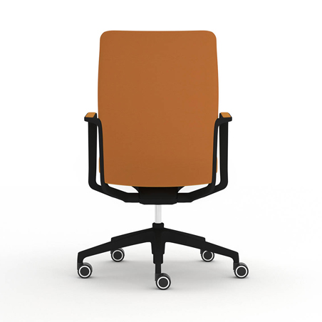 Rear view of the Senator Qdos Mid Back Chair with a 5-star base, featuring a tan upholstered back and a black frame