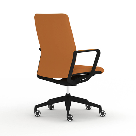 A three-quarter rear view of the Senator Qdos Mid Back Chair, featuring tan upholstery and a black 5-star base on castors